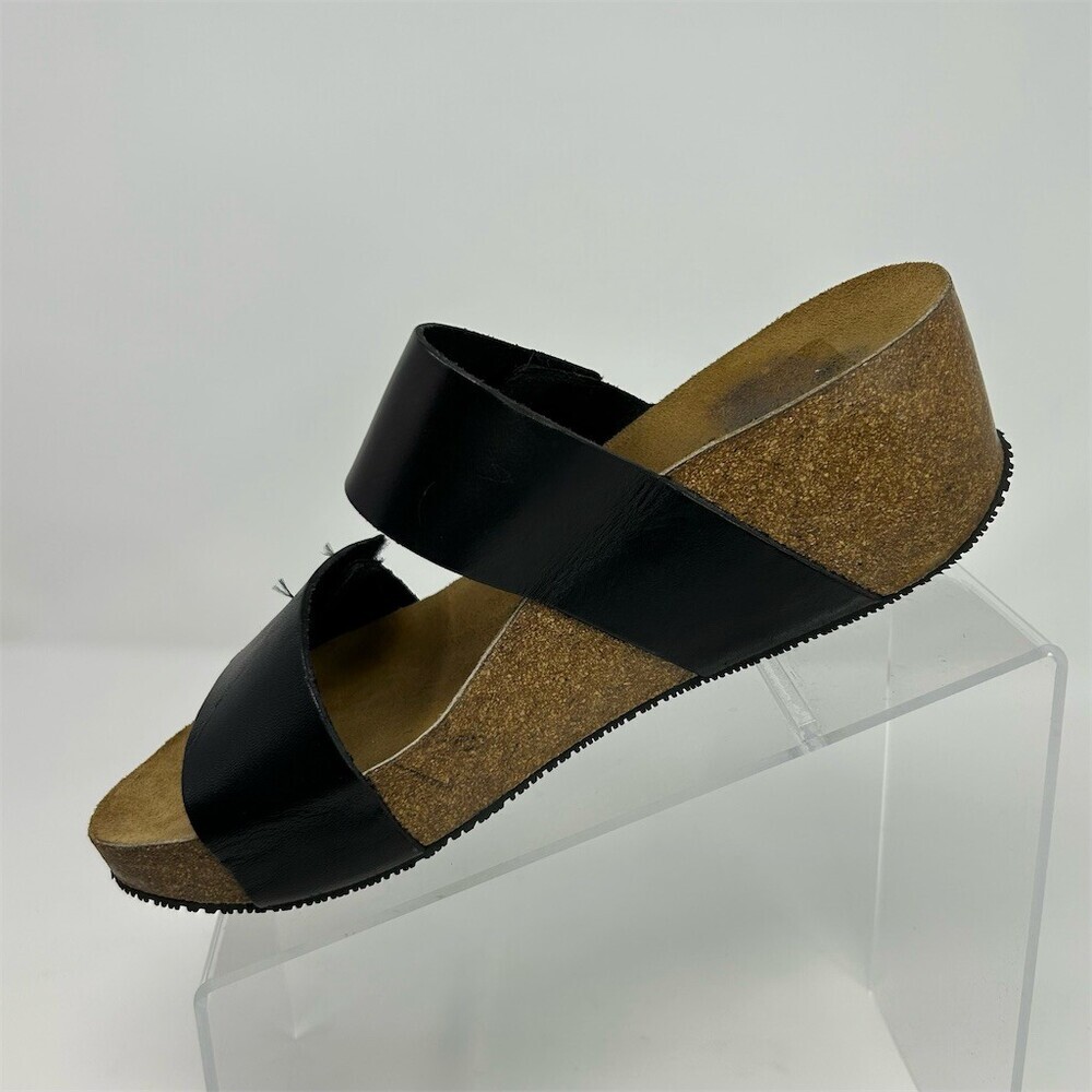 Eric Michael Lily Black Leather Double Strap Wedge Open Toe Sandals EU 39 - Picture 3 of 10